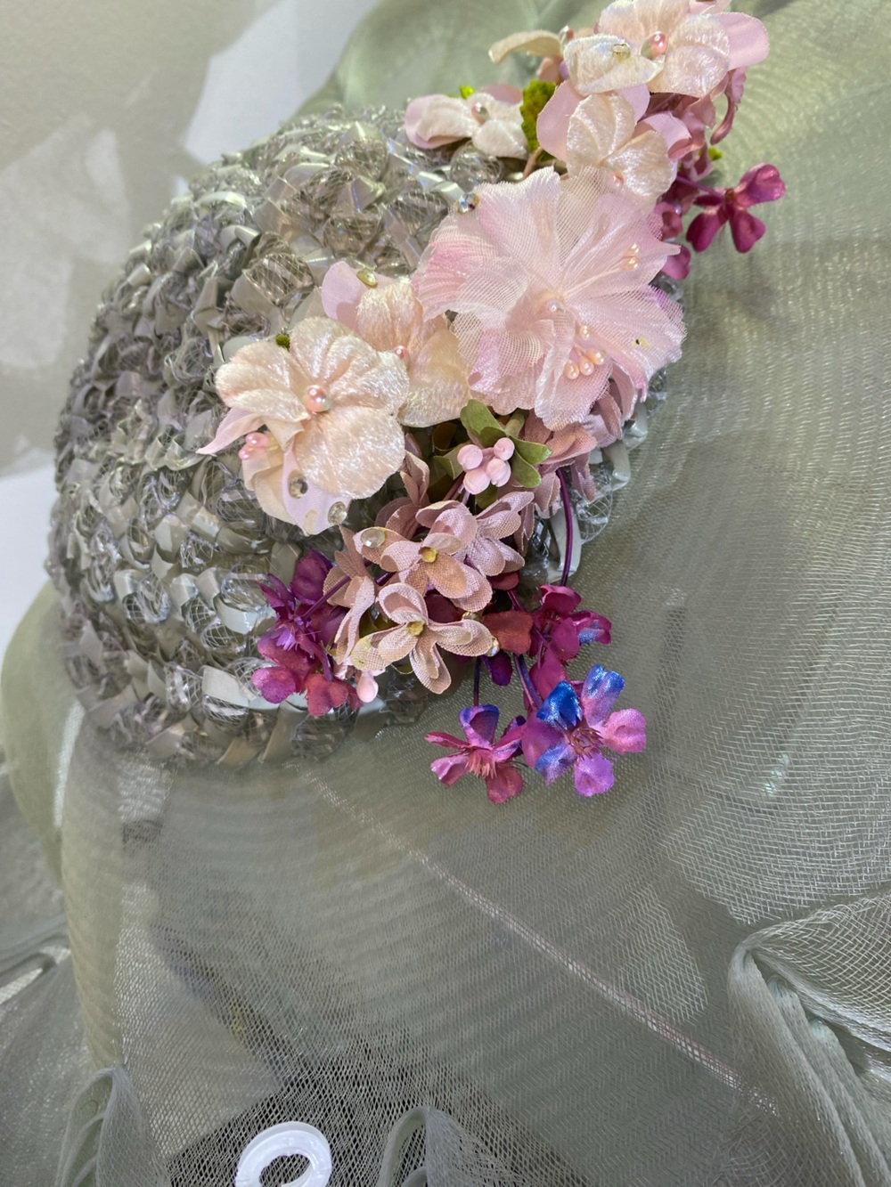 Salon Bernard Elegant Silver Floral Pillbox Hat with Pink Flowers Accents